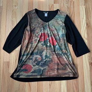 CSC Studio Tunic Top Womens 2X Tall Black Japanese Art Artsy Boho Blouse